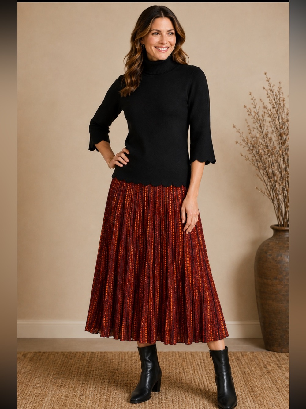 Coldwater Creek Burnt Orange Pleated Midi Skirt
